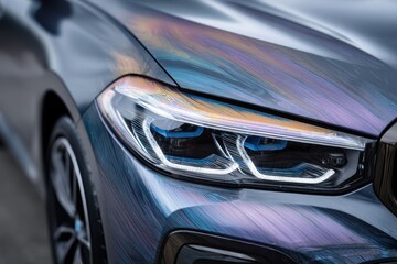 Poster - A close-up view of a car headlight with a colorful, abstract painted finish, showcasing its modern design and artistic detail on a luxury vehicle, high quality image.