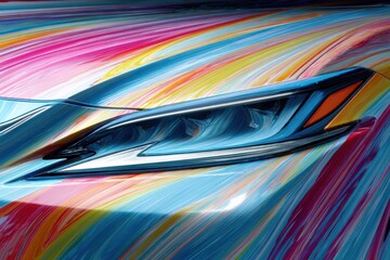 Poster - Close-up abstract of car headlight with vibrant multicolored painted pattern design, highlighting sleek lines and modern automotive aesthetics in detail.