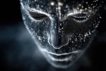 Poster - abstract close-up of a futuristic human face formed by glowing particles in digital space, suggestin