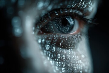 Poster - A close-up of a human eye with glowing digital numbers overlayed, representing artificial intelligence, data processing and futuristic technology concepts in the modern world.