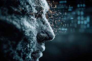 Poster - A digital human face made of particles, showcasing futuristic technology concept with data flowing and abstract representation, artificial intelligence and advanced technology.