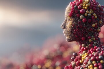 Poster - A unique and artistic portrait of a woman's profile, adorned with a colorful array of berries, creating a vibrant and natural texture against a blurred background.