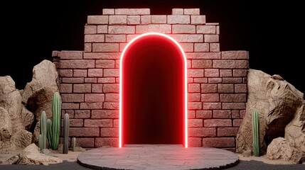 Poster - Red Neon Archway in Brick Wall Desert Setting