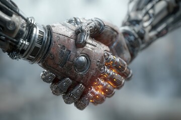 Poster - A close-up 3D render of two metallic robotic arms engaged in a handshake, symbolizing collaboration and future technology in dark colors.