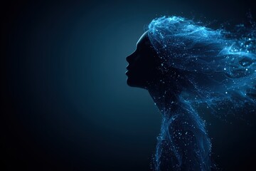 Poster - An ethereal silhouette of a woman adorned with glowing particles against a dark blue background, representing the concept of energy and abstract beauty.