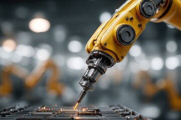Poster - Precision robotic arm soldering a circuit board with high accuracy and efficiency, showcasing advanced automation in a modern industrial setting, with blurred background.