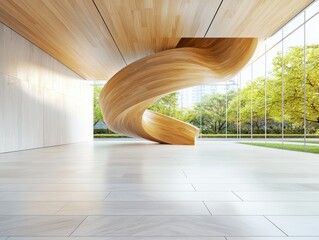 Poster - Dynamic wooden sculpture in modern architecture space urban environment interior design perspective