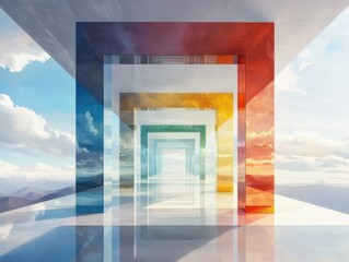 Poster - Exploring vibrant glass pathways abstract indoor space digital artwork surreal environment wide angle artistic concept
