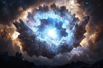 Poster - Celestial explosion in the night sky cosmic landscape digital art ethereal environment wide angle view sci-fi concept