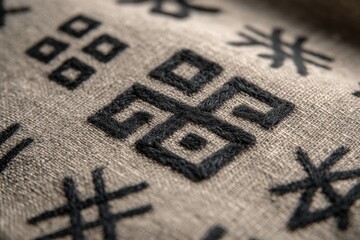 Poster - Close-up of a traditional textile with black geometric embroidery on a beige linen canvas, showcasing the intricate patterns and textures of ethnic craftsmanship.
