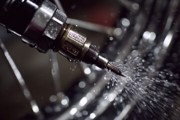 Poster - close-up of an industrial tool emitting a spray of water, showcasing precision engineering and cooli