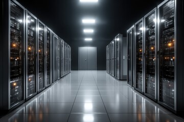 Poster - A modern server room showcasing rows of high-tech computer servers, illuminated by bright lights, reflecting off the polished floor, indicating advanced technology infrastructure.