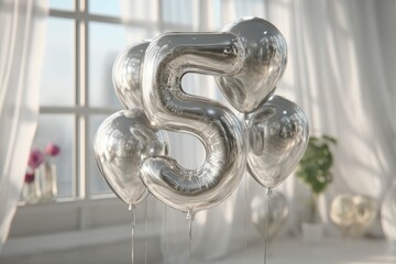 Poster - Elegant silver number 5 balloon bouquet floating indoors near a window, celebrating a fifth birthday or anniversary in a bright, airy space with soft lighting.