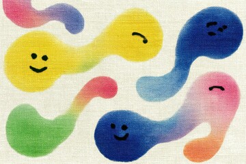 Poster - Colorful, whimsical illustration featuring soft shapes with happy facial expressions, creating a playful and cheerful abstract design on a textured background.