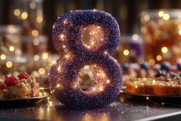 Poster - A sparkling purple number eight stands amidst desserts and festive bokeh lights, creating a celebratory atmosphere with elegance and a touch of magic for special occasions.