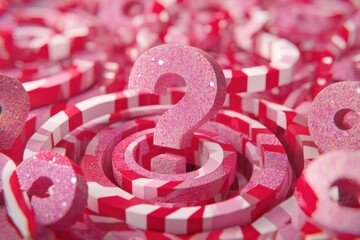 Poster - A conceptual rendering showcasing a pink, glittering question mark surrounded by abstract red and white striped shapes, creating an intriguing and visually complex pattern.