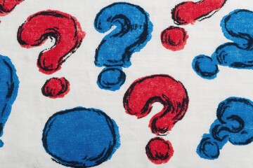 Poster - A playful and whimsical pattern of red and blue question marks on a white fabric background creates a sense of curiosity and intrigue for learning and design.