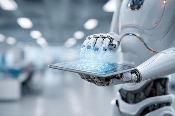 Poster - a futuristic robot holds a tablet displaying a complex network of data visualizations, embodying the