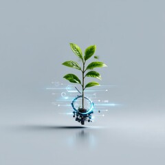 Poster - A Green Future: Plant Growing From Technology With Futuristic Visuals and Light Streaks Emanating From Its Base.