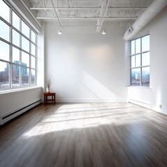 Aufkleber - Bright and Spacious Loft Interior with Natural Light, Clean Lines and City Views Through Large Windows