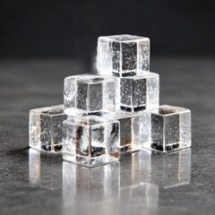 Poster - Chilled Perfection: A Stack of Crystal-Clear Ice Cubes Reflecting on a Sleek, Dark Surface for Refreshment and Elegance