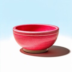 Poster - Minimalist Still Life: A Red Ceramic Bowl with Shadow Play on a White Surface with Sky Blue Gradient
