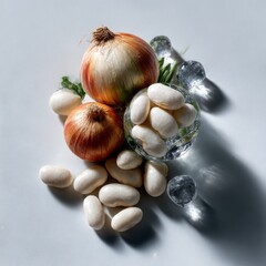 Poster - Still Life of Onions, Great Northern Beans in Glass, and Ice Cubes with Strong Shadows 