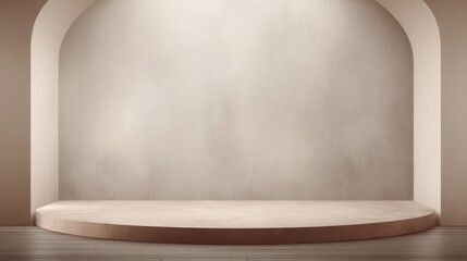 Poster - Neutral toned modern interior with minimalist curved arch and spacious empty platform, perfect for showcasing products or promoting creative concepts
