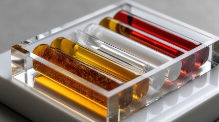 Poster - A clear plastic container with five different colored tubes inside