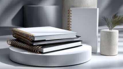 Aufkleber - A stack of notebooks and a white vase with a plant in it