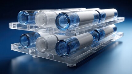 Poster - A stack of clear plastic bottles with blue tops