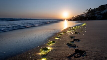 Poster - A beach at sunset with a glowing trail of footprints