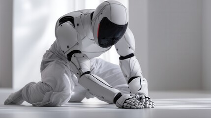 Aufkleber - A robot is kneeling on the floor with its hands on its knees