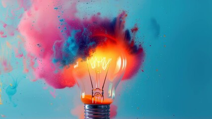 Wall Mural - creative lightbulb with colorful smoke explosion, idea generation concept