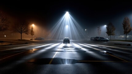 Poster - A car is driving down a street at night with a bright light shining on it