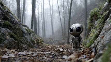 Poster - A small robot is standing in a forest with moss growing on the rocks
