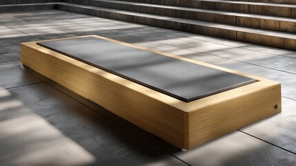 Poster - A wooden bench with a black mat on top