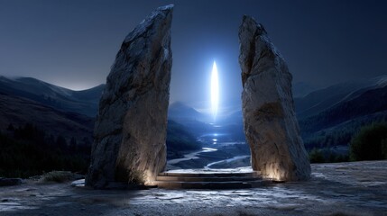 Poster - The sky is dark and the rocks are illuminated by a bright light