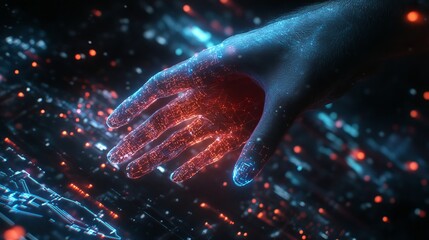 Poster - Abstract Digital Hand Reaching Futuristic Technology Interface Red Blue Neon Glow Lines Network Connection Digital Art Modern Background Sci Fi Design Innovation Concept 