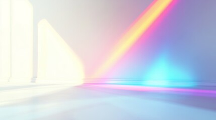 Poster - A blurry rainbow light effect can be added to photos and mockups. It looks like a diagonal holographic flare on a white wall, creating natural light shadows.
