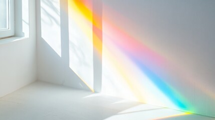 Poster - A blurry rainbow light effect can be added to photos and mockups. It looks like a diagonal holographic flare on a white wall, creating natural light shadows.
