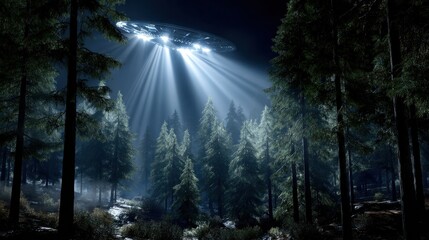 Poster - A forest at night with a UFO flying over it