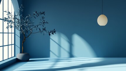 Poster - A simple geometric scene with light and shadows. It has a blue background, perfect for showing off fancy products. It's a clean, modern space with basic shapes and empty area for display.
