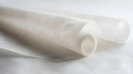 Poster - Crisp translucence: A roll of parchment paper against a soft white backdrop