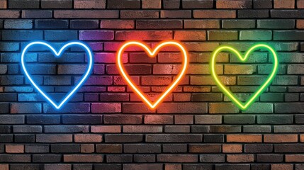 Poster - Vibrant Neon Hearts on Dark Brick Wall