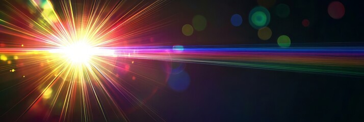 Poster - Bright ray of light interacts with colorful bokeh in an abstract dark background