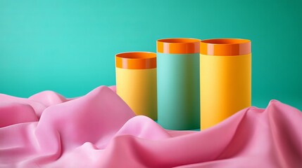 Poster - Stylish Pastel Colored Cylinders on Pink Fabric Teal Background Trendy Minimalist Product Display Scene Modern Design Mockup Template for Branding Presentation           