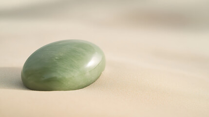 Poster - Green polished stone on neutral surface. Smooth texture, minimalist aesthetic. Subtle color palette. Relaxing and serene image.