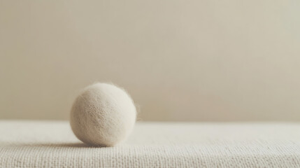 Aufkleber - A soft, white, felted sphere sits on a textured surface. The composition is minimalist, highlighting texture and form in a neutral palette.