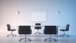 © KAMOLPOP - Modern conference room setup with black chairs, white table, and blank projection screen against minimalist background design